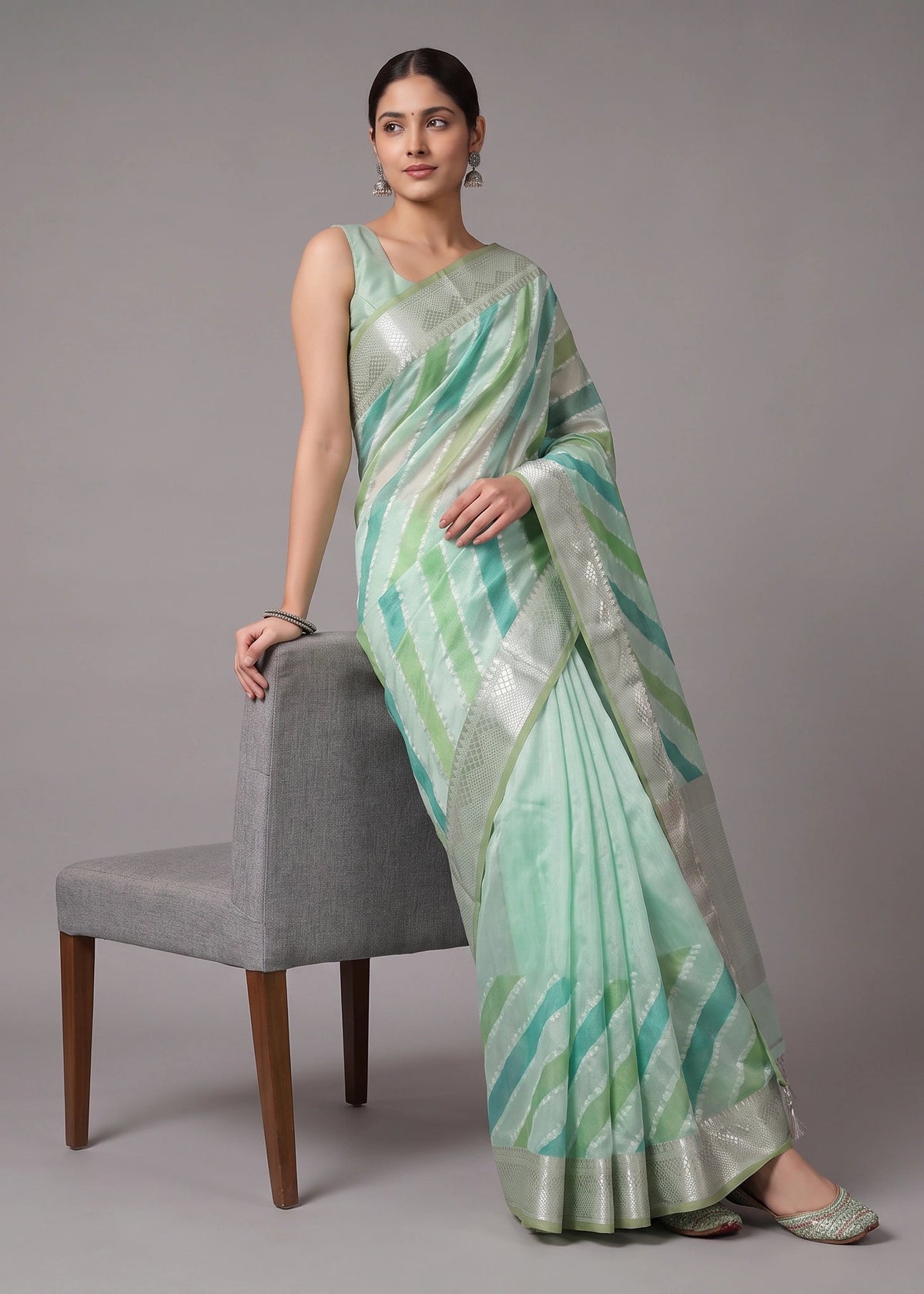 Sea Green Zari Woven Striped Saree