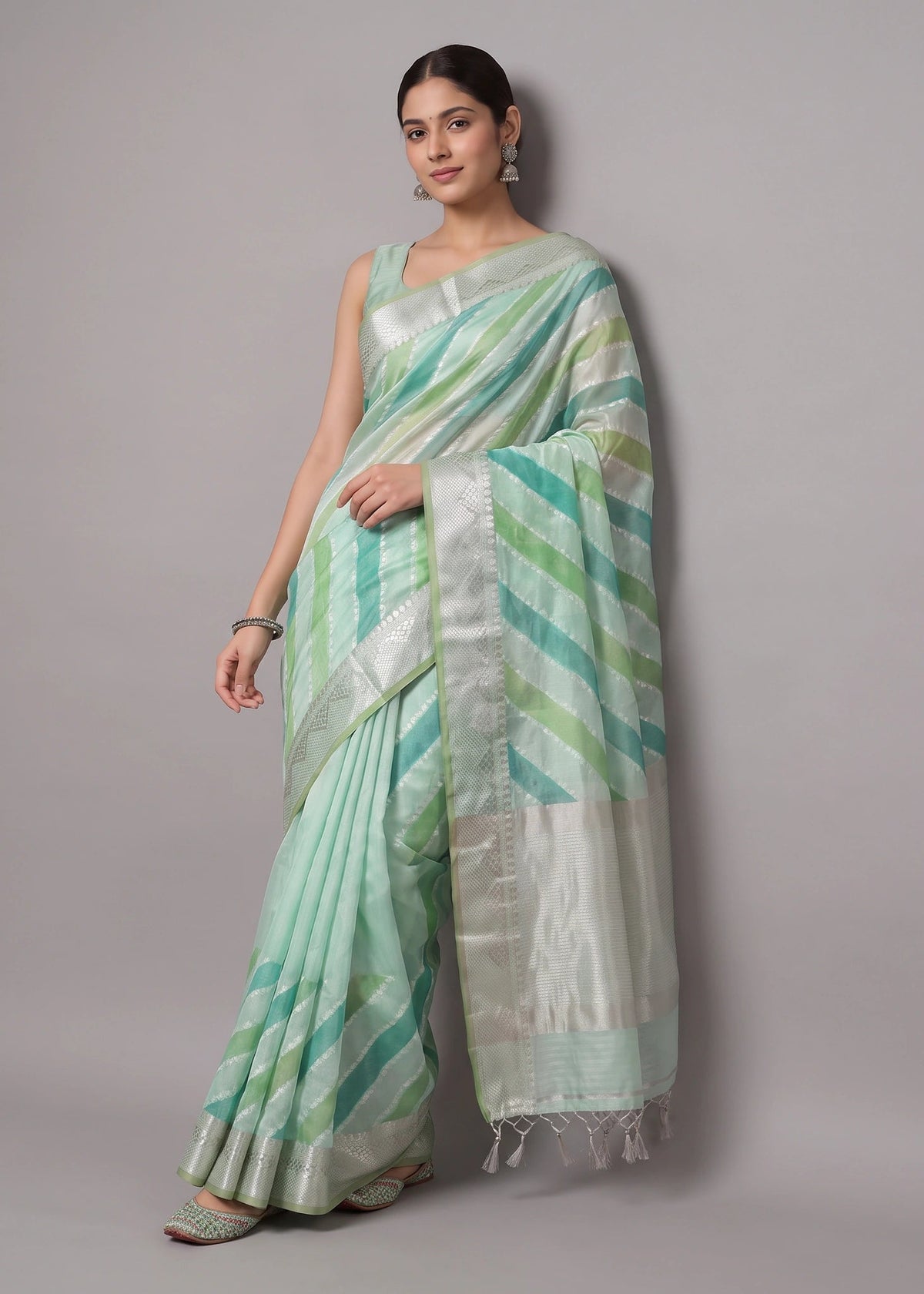Sea Green Zari Woven Striped Saree