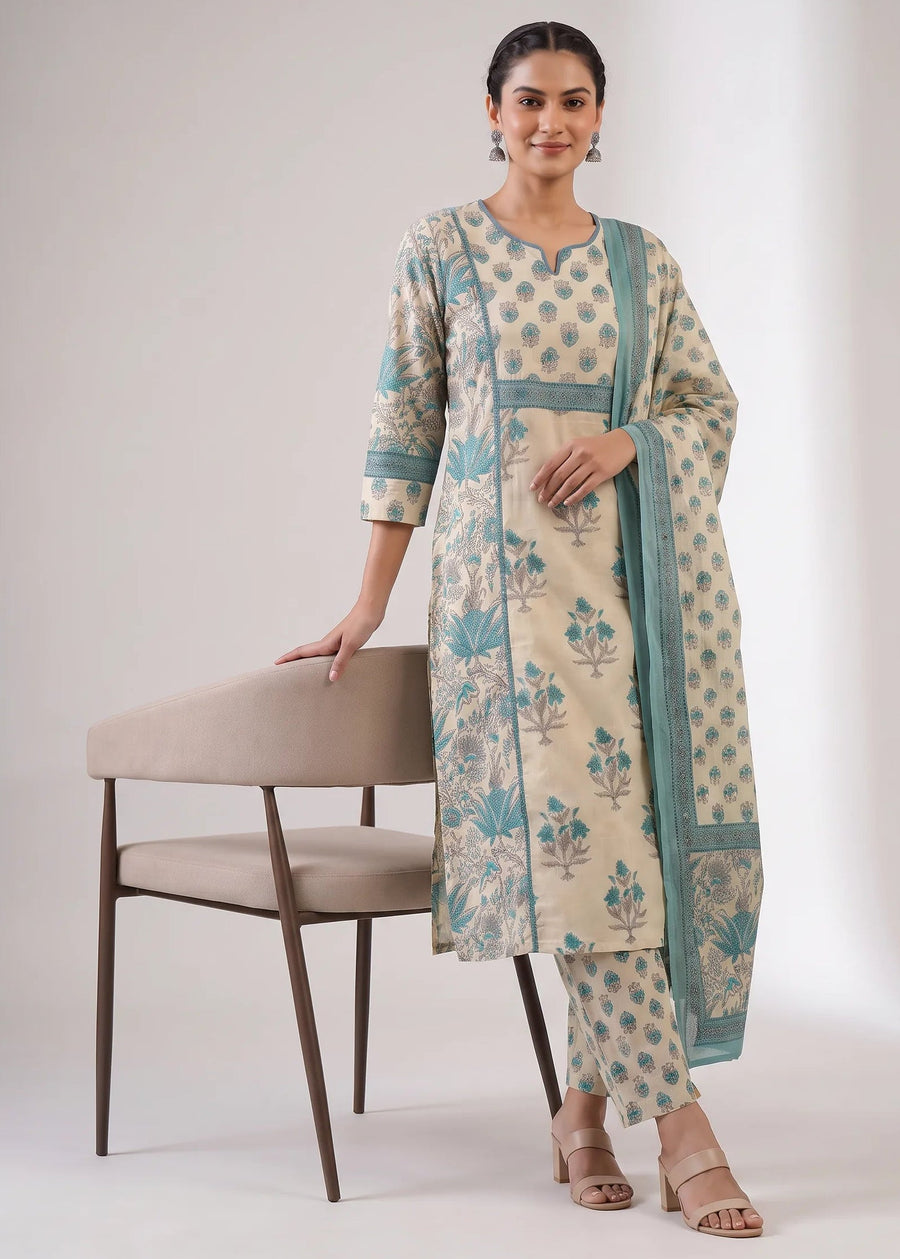 Sky Blue & Off White Cotton Printed A-Line Ethnic Suit Set