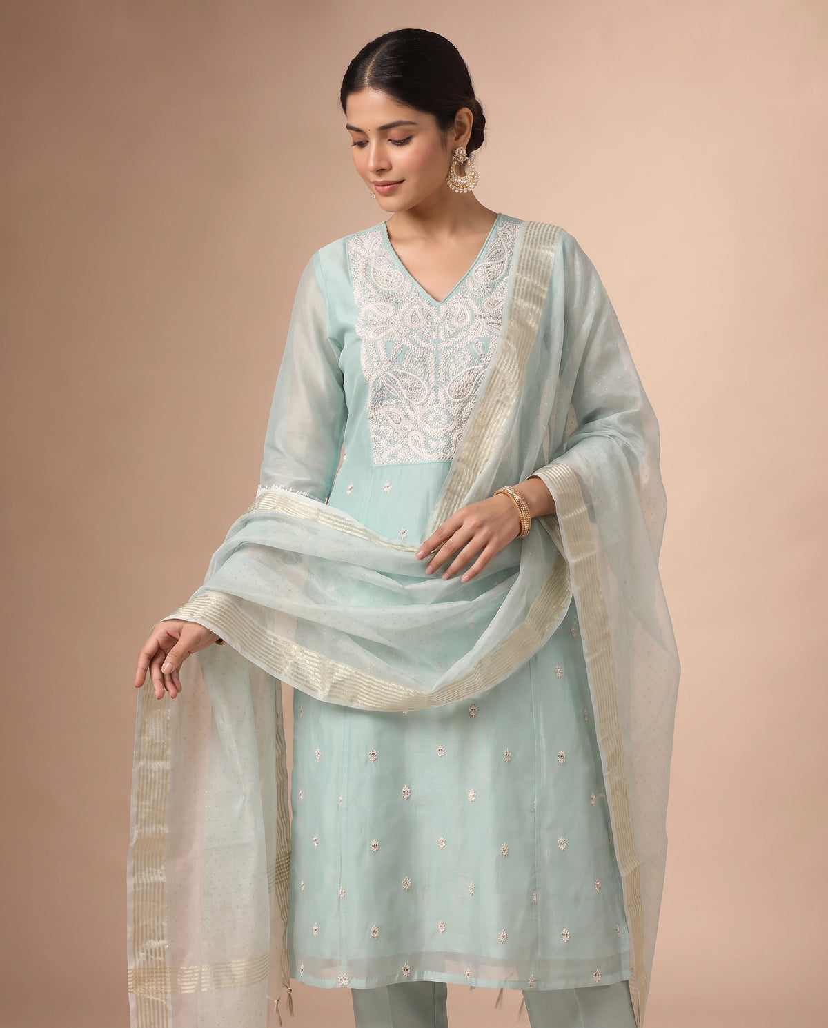 A woman models a traditional light blue salwar kameez suit with a matching sheer dupatta. The kurta features white embroidery on the chest and small gold floral motifs, paired with light blue trousers.