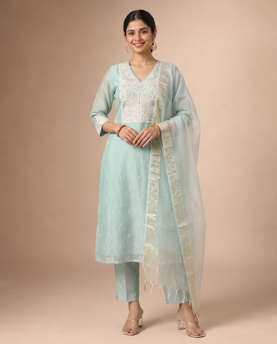 Sky Blue Embroidered Straight Ethnic Set