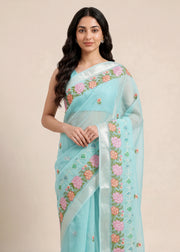 Sky Blue Munga Embroidered Hand Dyed Saree