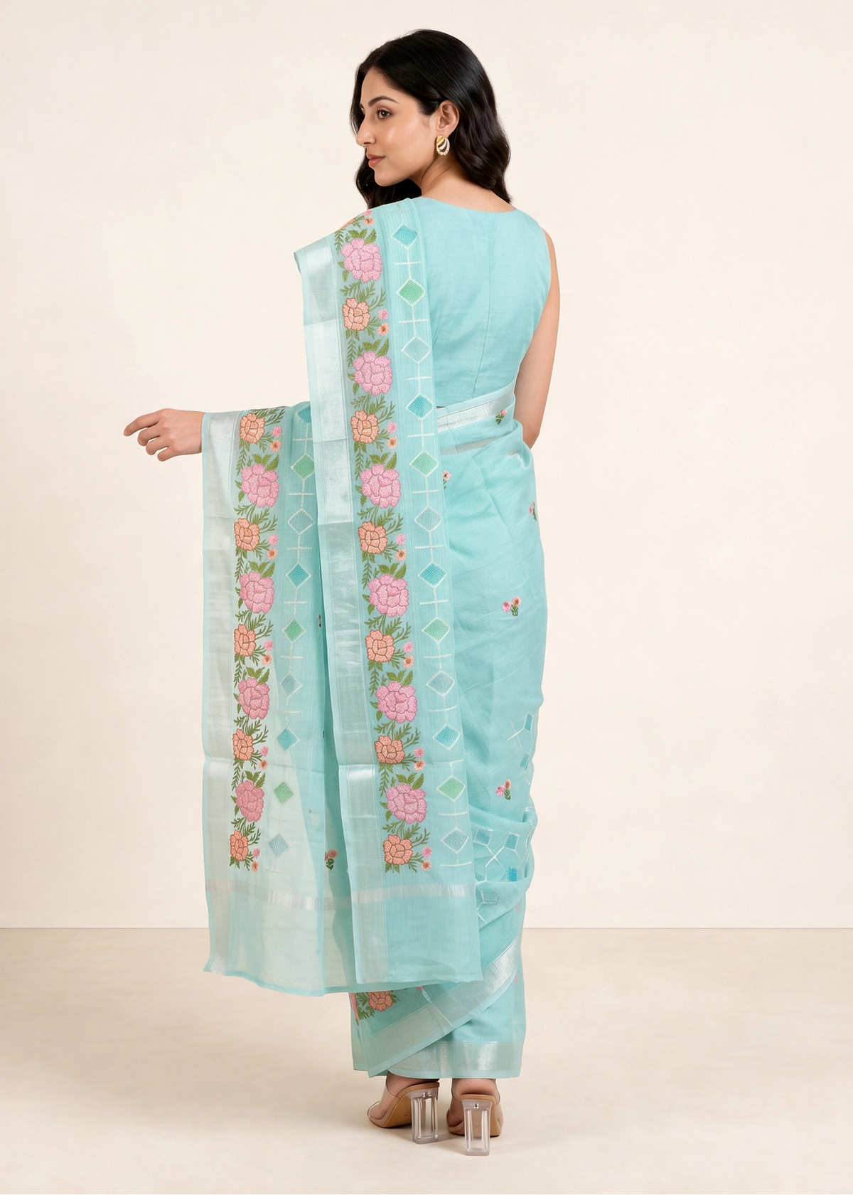 Sky Blue Munga Embroidered Hand Dyed Saree