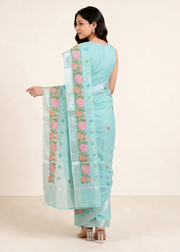 Sky Blue Munga Embroidered Hand Dyed Saree