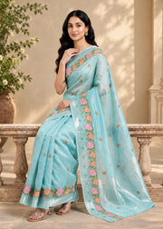 Sky Blue Munga Embroidered Hand Dyed Saree
