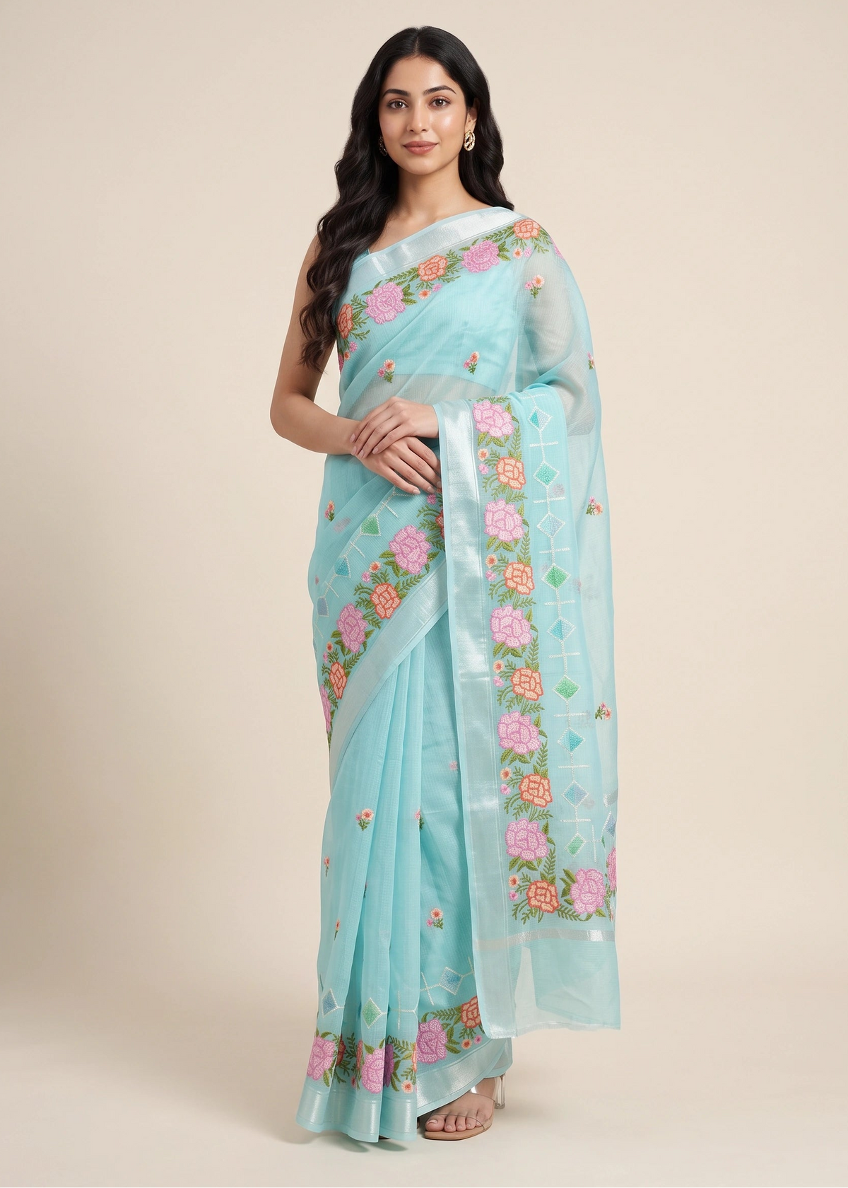 Sky Blue Munga Embroidered Hand Dyed Saree