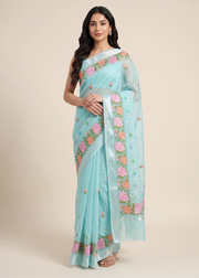 Sky Blue Munga Embroidered Hand Dyed Saree