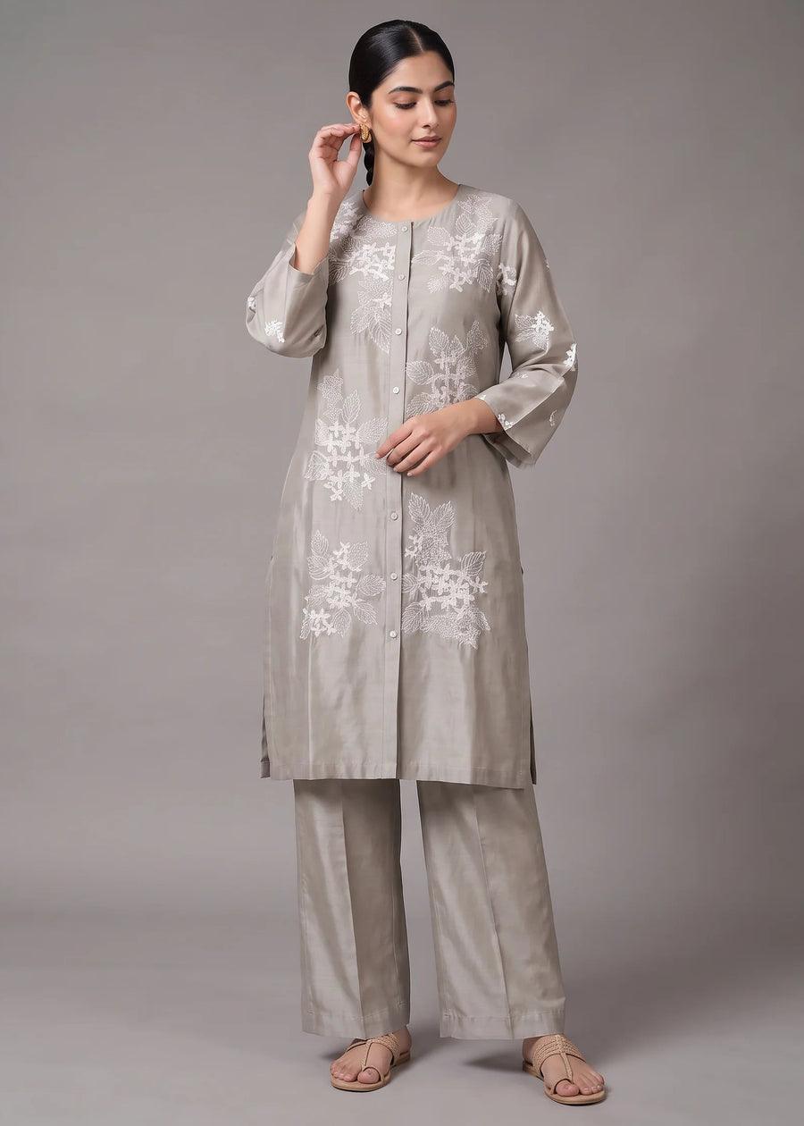 Taupe Gray Embroidered Straight Co-ord Set