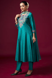 Women Teal Embroidered Flared Ethnic Suit Set