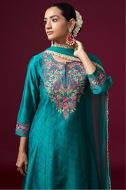Women Teal Embroidered Flared Ethnic Suit Set