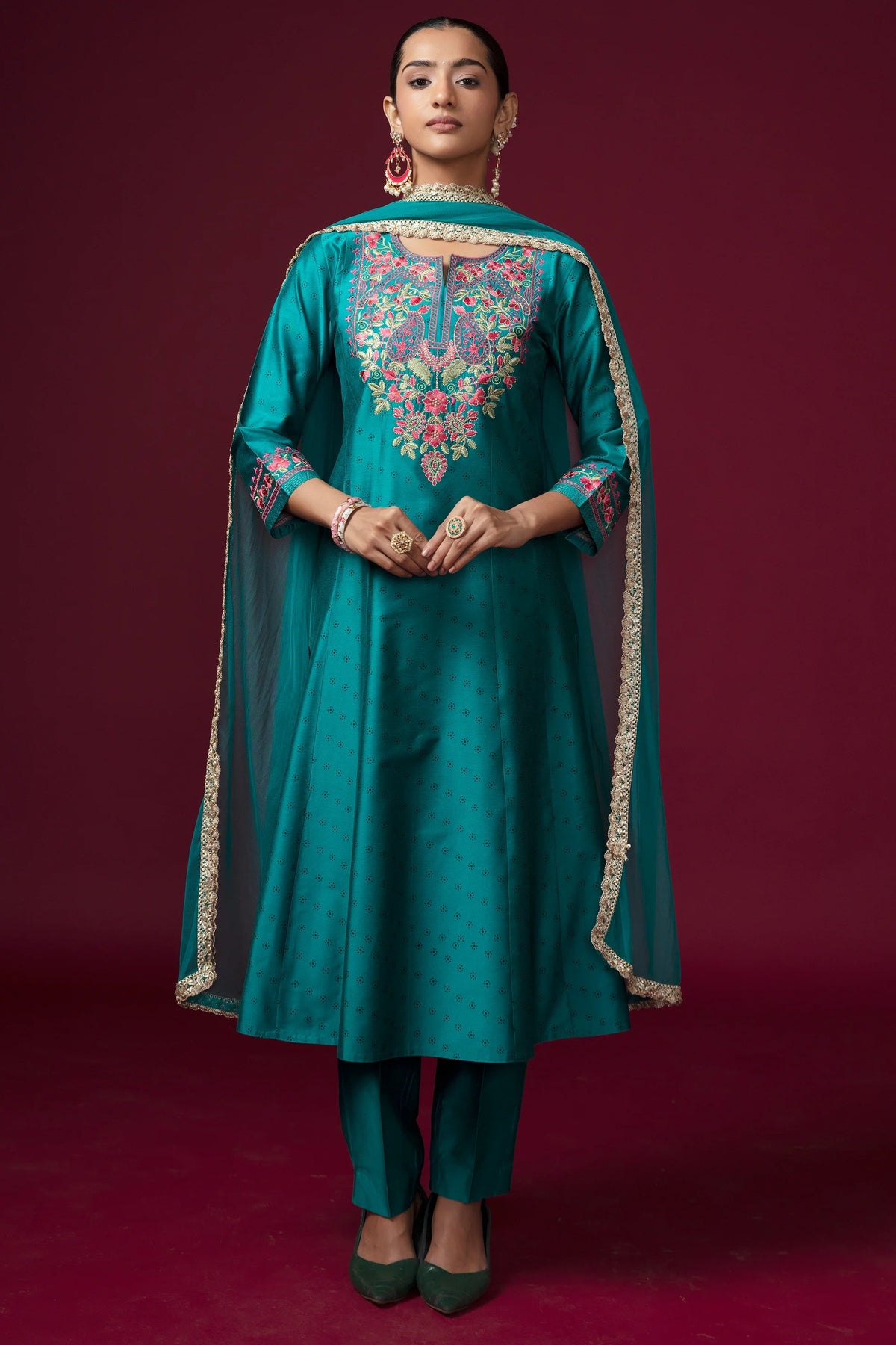 Women Teal Embroidered Flared Ethnic Suit Set