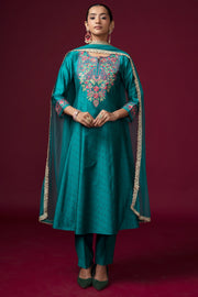 Women Teal Embroidered Flared Ethnic Suit Set