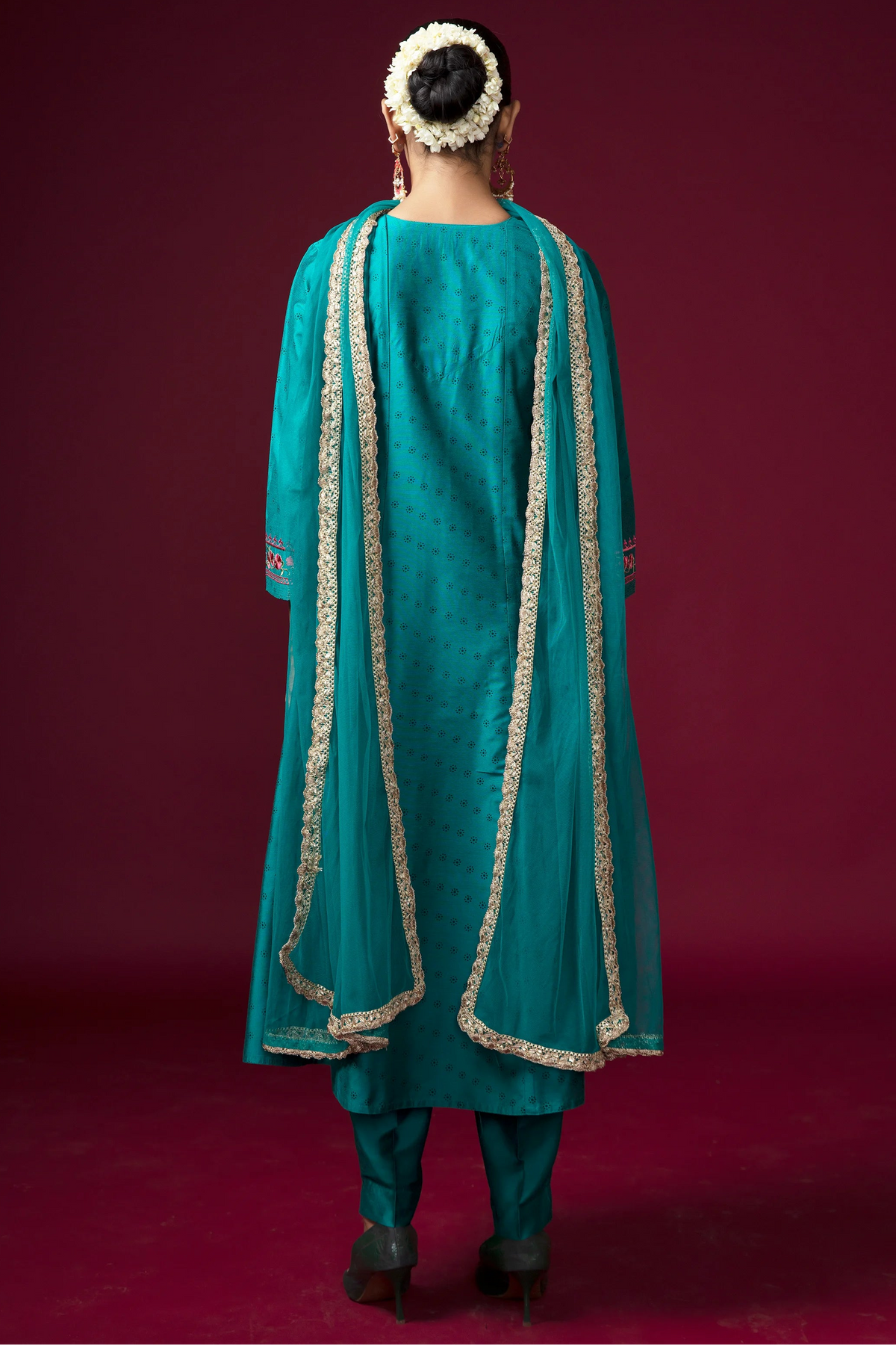 Women Teal Embroidered Flared Ethnic Suit Set