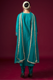Women Teal Embroidered Flared Ethnic Suit Set