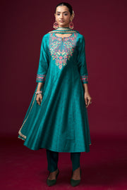 Women Teal Embroidered Flared Ethnic Suit Set