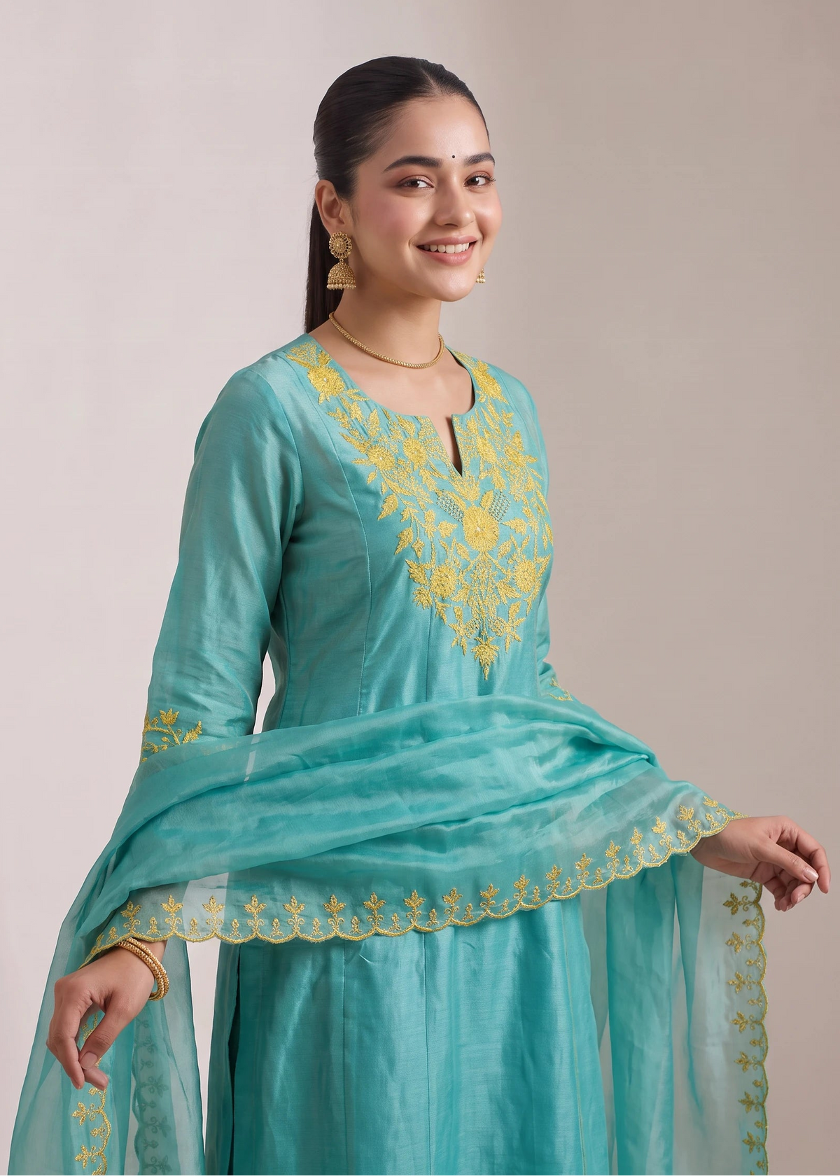 Turquoise Chanderi Embroidered A-Line Ethnic Suit Set