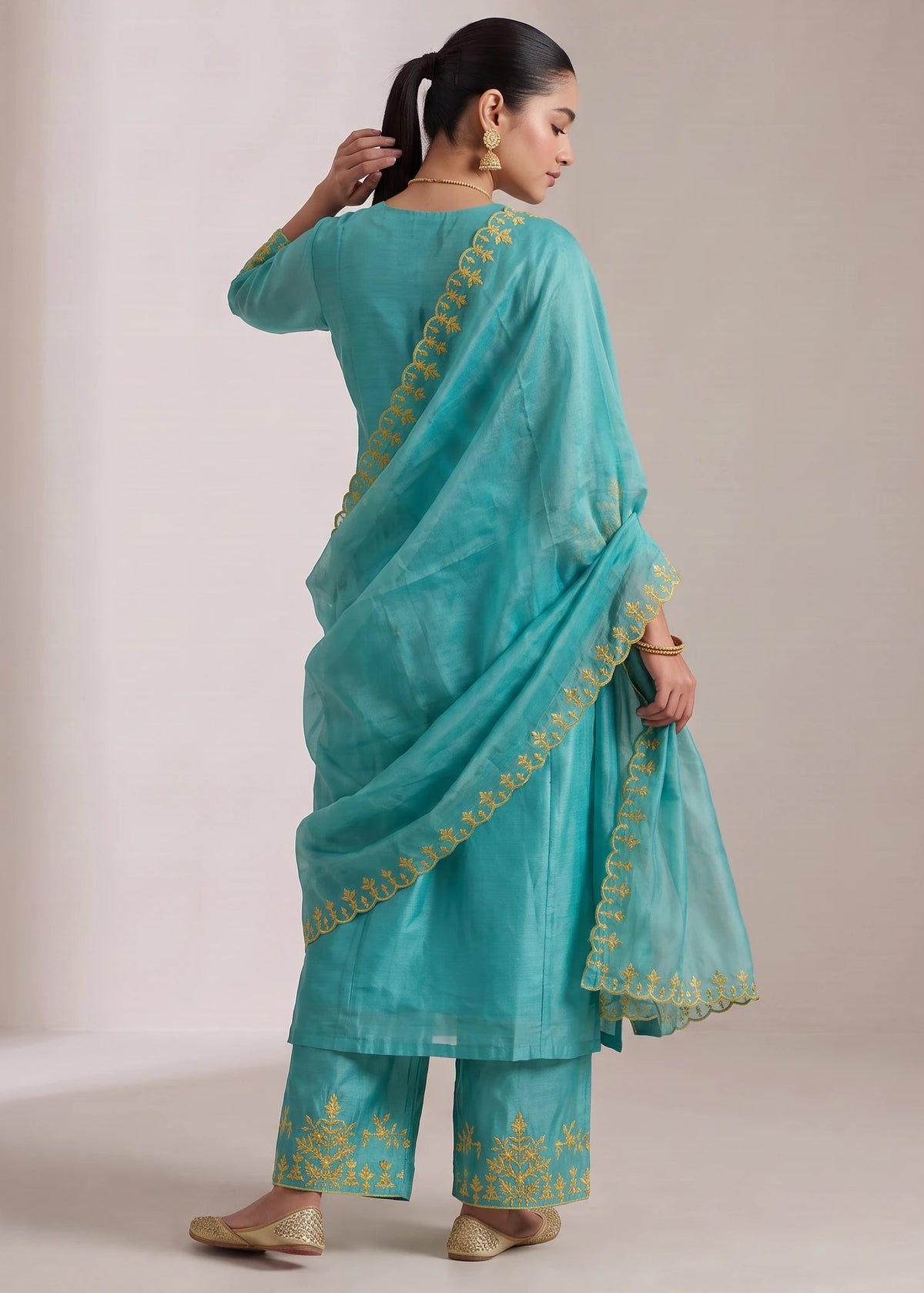 Turquoise Chanderi Embroidered A-Line Ethnic Suit Set