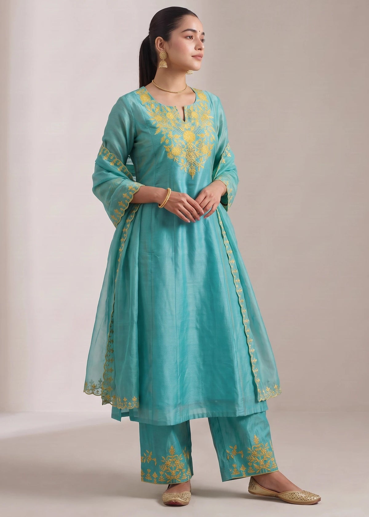 Turquoise Chanderi Embroidered A-Line Ethnic Suit Set