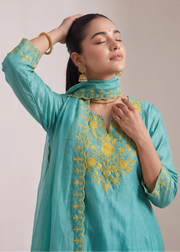 Turquoise Chanderi Embroidered A-Line Ethnic Suit Set