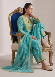 Turquoise Chanderi Embroidered A-Line Ethnic Suit Set