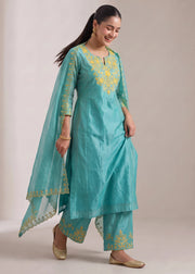 Turquoise Chanderi Embroidered A-Line Ethnic Suit Set