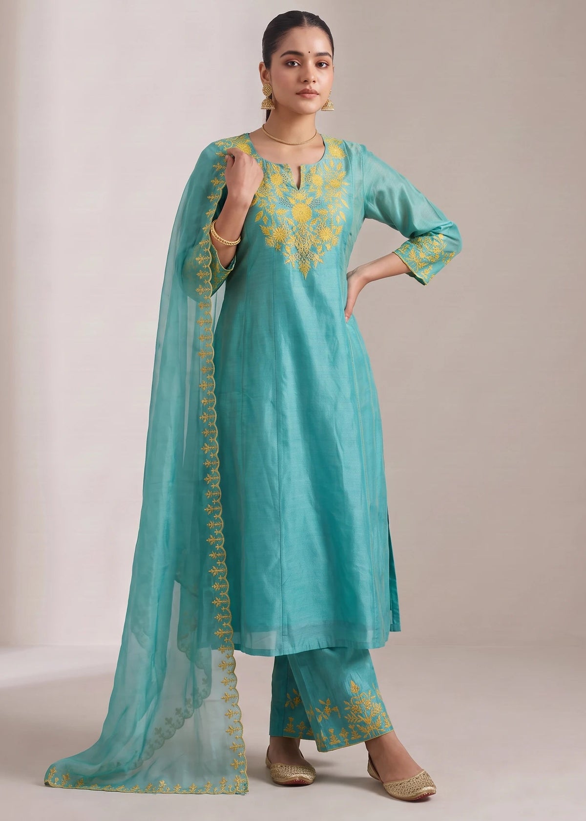Turquoise Chanderi Embroidered A-Line Ethnic Suit Set