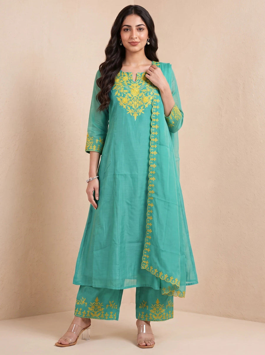Turquoise Chanderi Embroidered A-Line Ethnic Suit Set