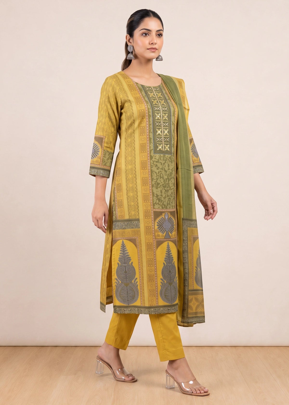 Vibrant Mustard Printed Cotton Ethnic Suit Set