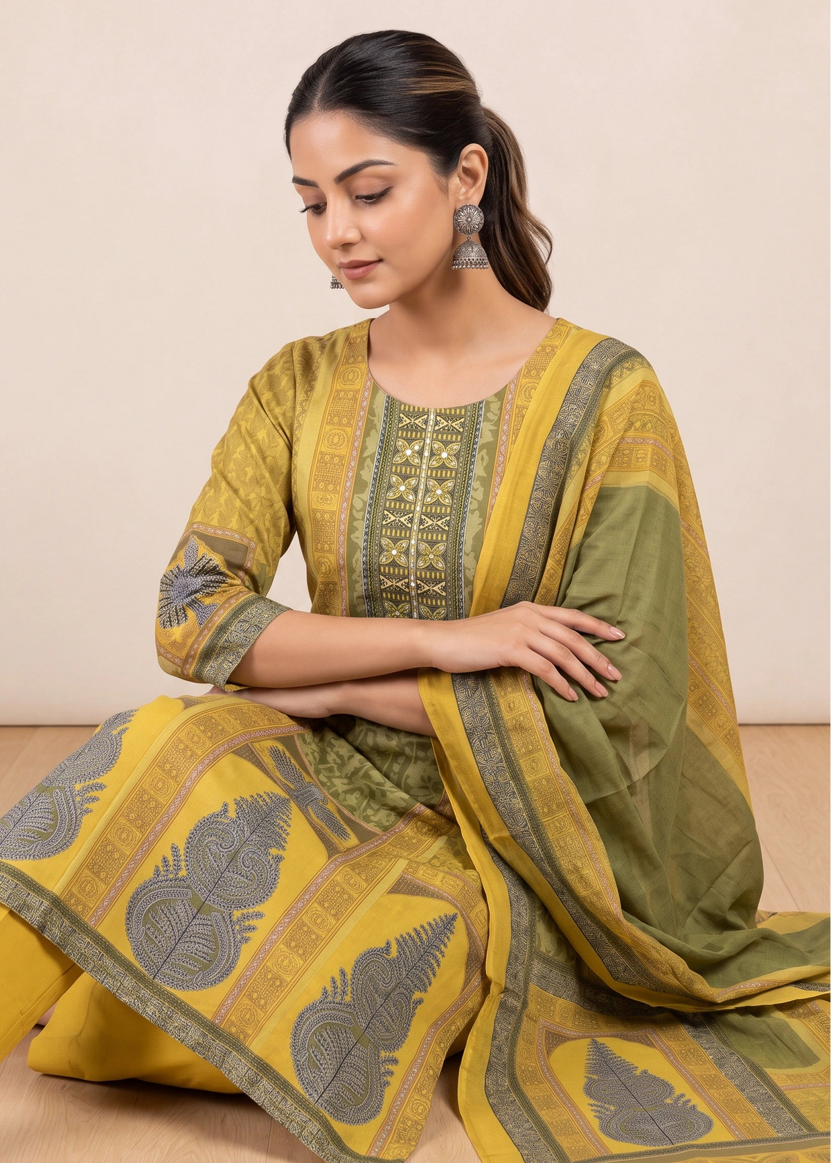 Vibrant Mustard Printed Cotton Ethnic Suit Set