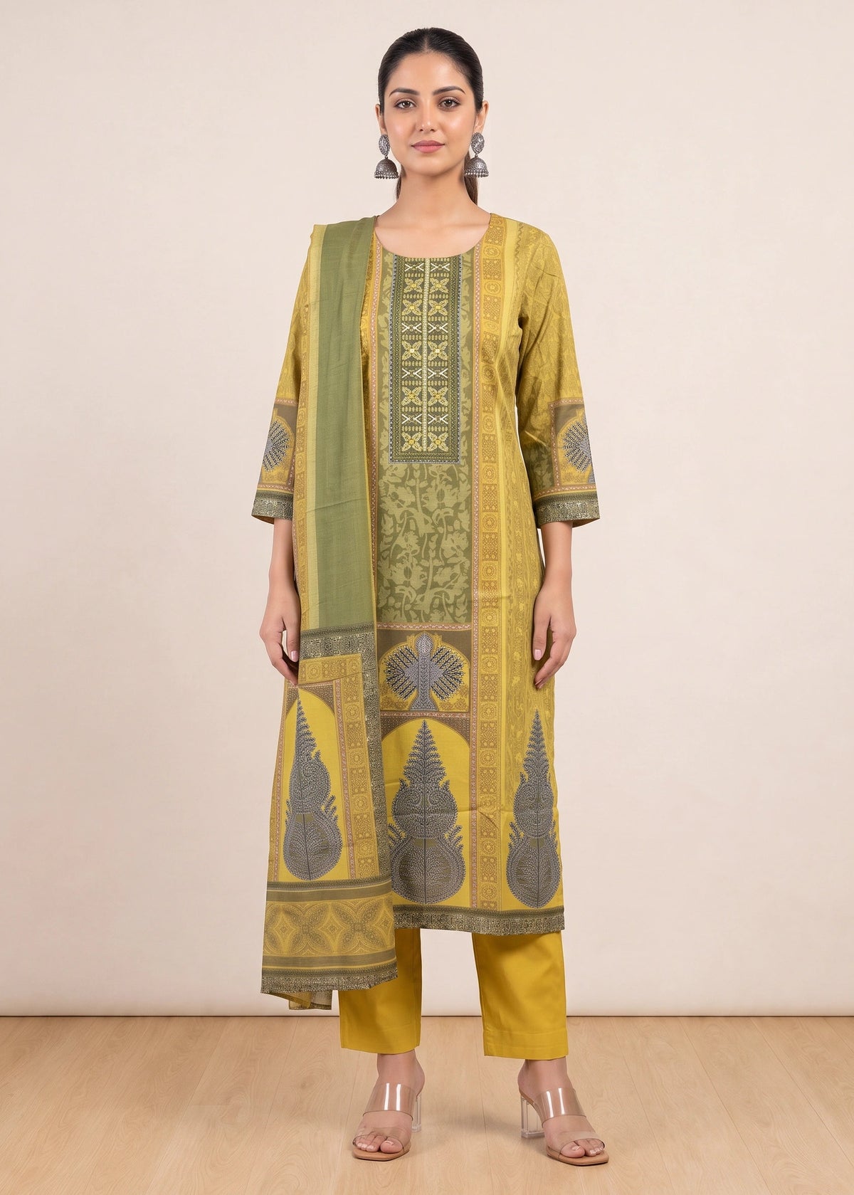 A woman modeling a traditional Indian salwar kameez suit set consisting of a mustard yellow kurta with green and gray printed patterns, matching yellow trousers, and a green dupatta, set against a plain beige studio background.