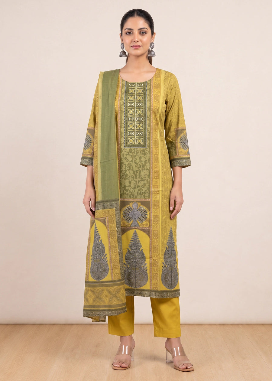 Vibrant Mustard Printed Cotton Ethnic Suit Set