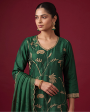 Women Bottle Green Embroidered Straight Fit Ethnic Suit Set