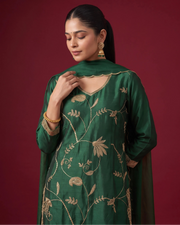 Women Bottle Green Embroidered Straight Fit Ethnic Suit Set