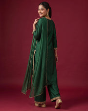 Women Bottle Green Embroidered Straight Fit Ethnic Suit Set