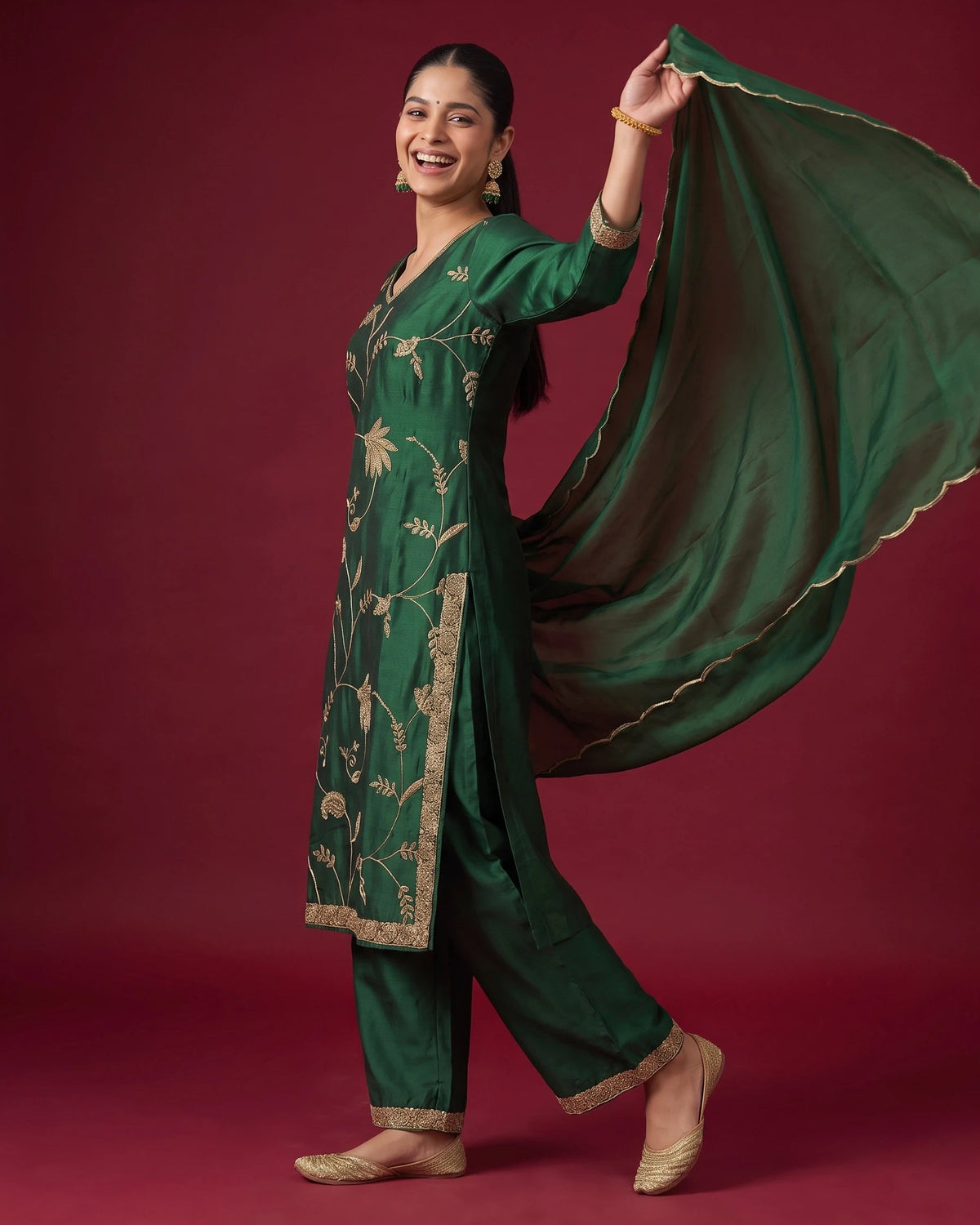 Women Bottle Green Embroidered Straight Fit Ethnic Suit Set
