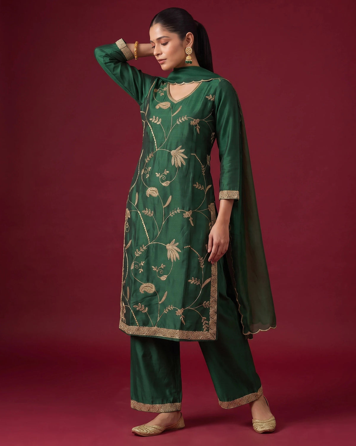 Women Bottle Green Embroidered Straight Fit Ethnic Suit Set