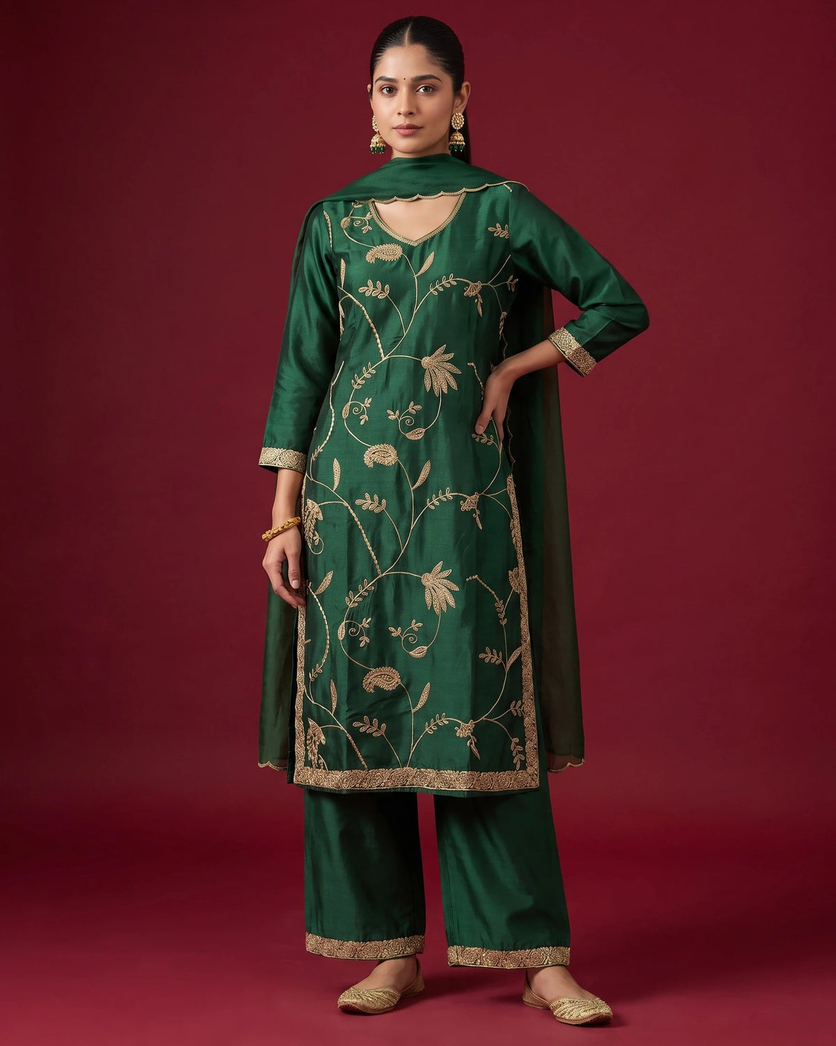 Women Bottle Green Embroidered Straight Fit Ethnic Suit Set
