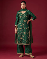 Women Bottle Green Embroidered Straight Fit Ethnic Suit Set