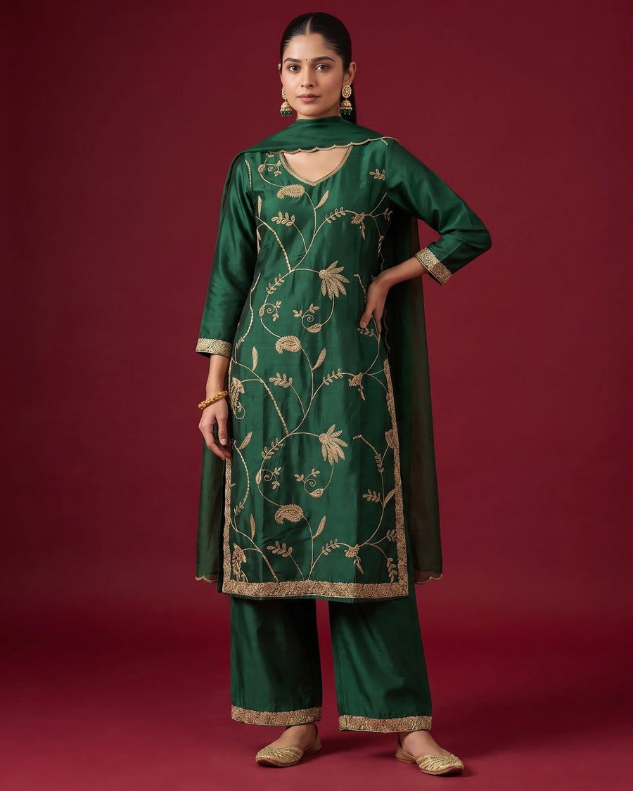 Women Bottle Green Embroidered Straight Fit Ethnic Suit Set