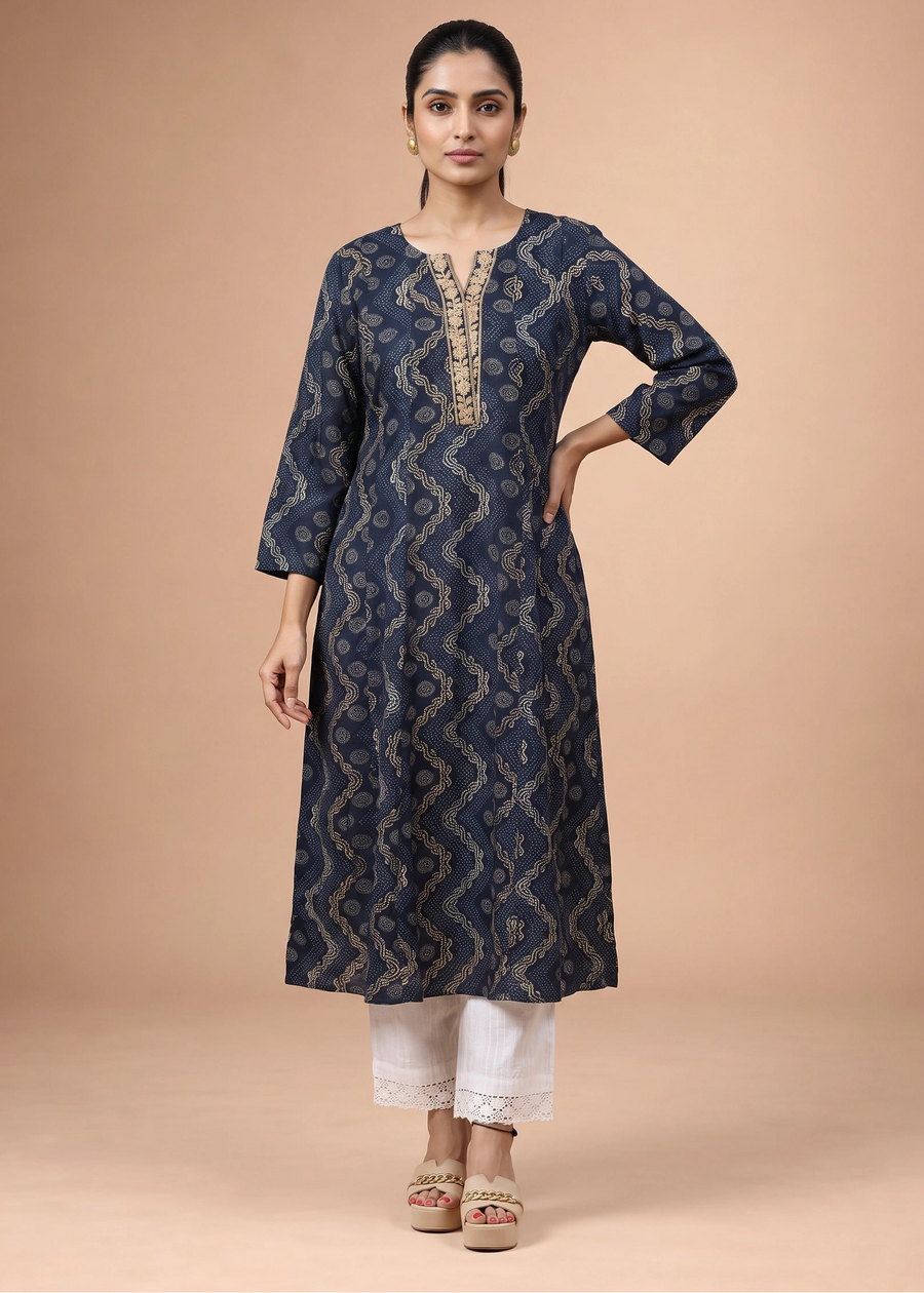 Women Indigo Navy Blue Embroidered A-Line Kurta
