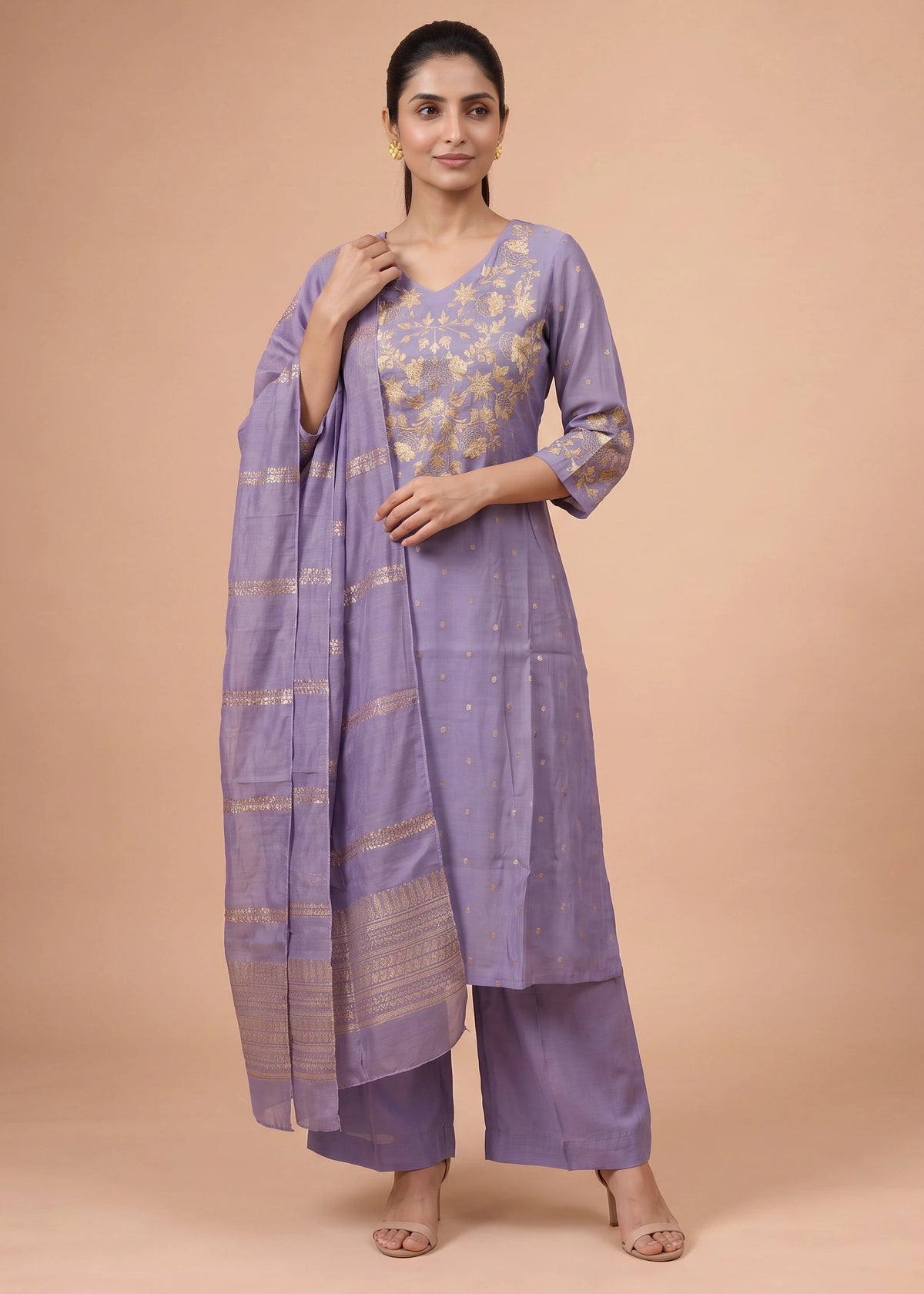 Women Light Purple Chanderi Embroidered A-Line Ethnic Suit Set