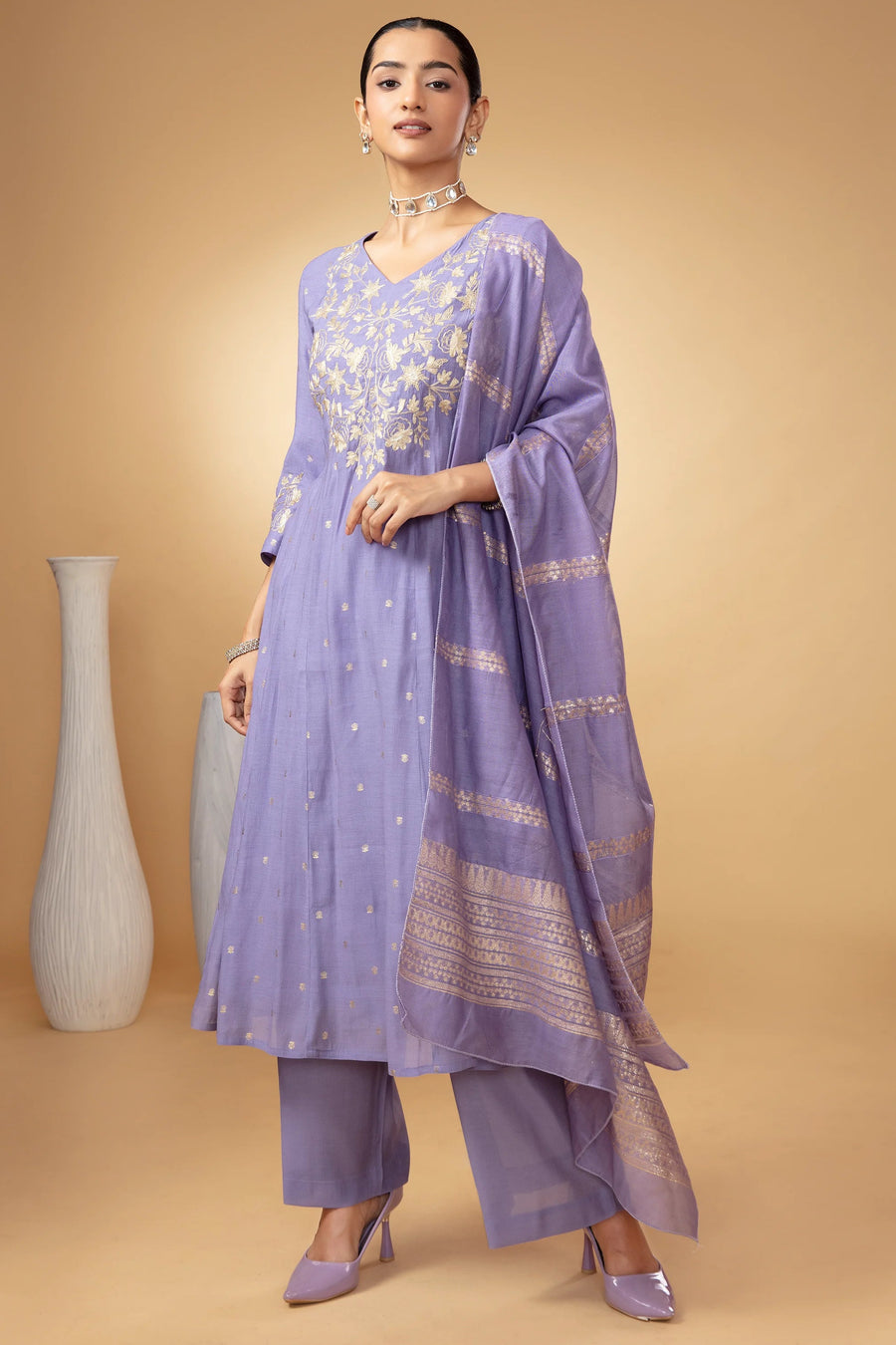 Women Light Purple Embroidered A-Line Ethnic Suit Set