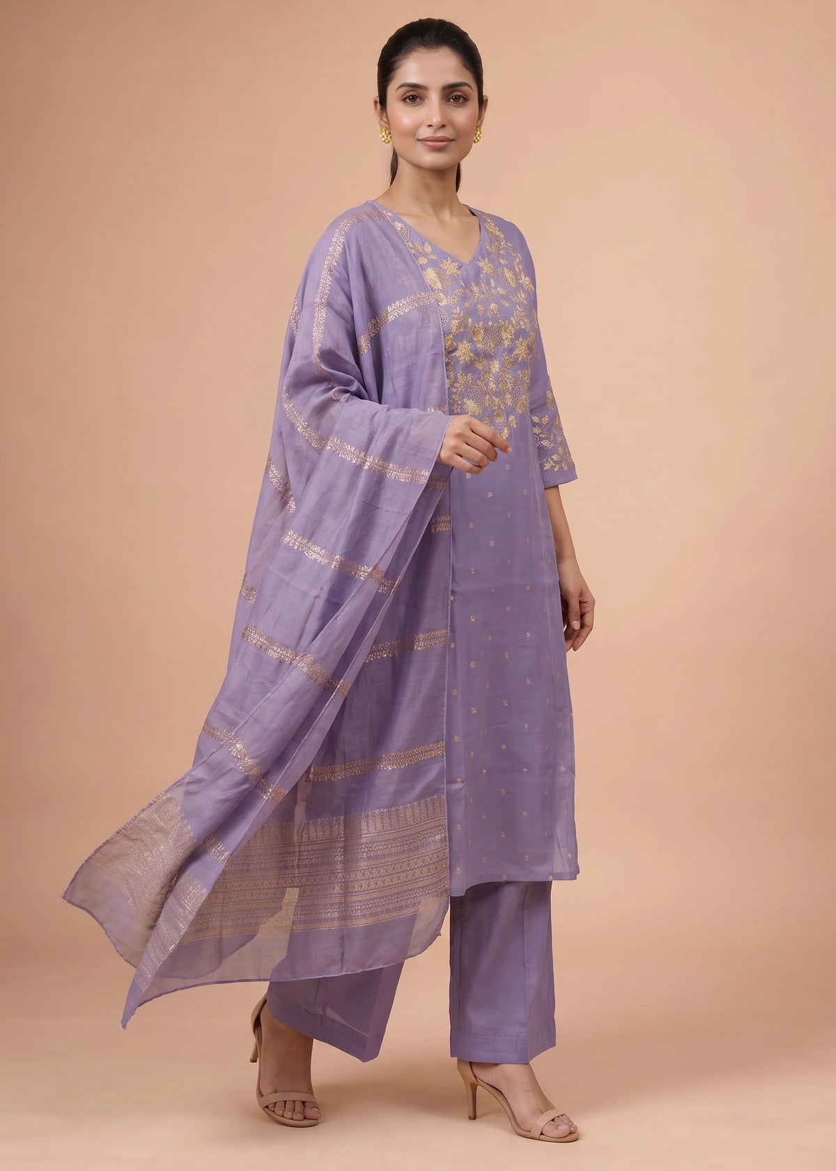 Women Light Purple Chanderi Embroidered A-Line Ethnic Suit Set