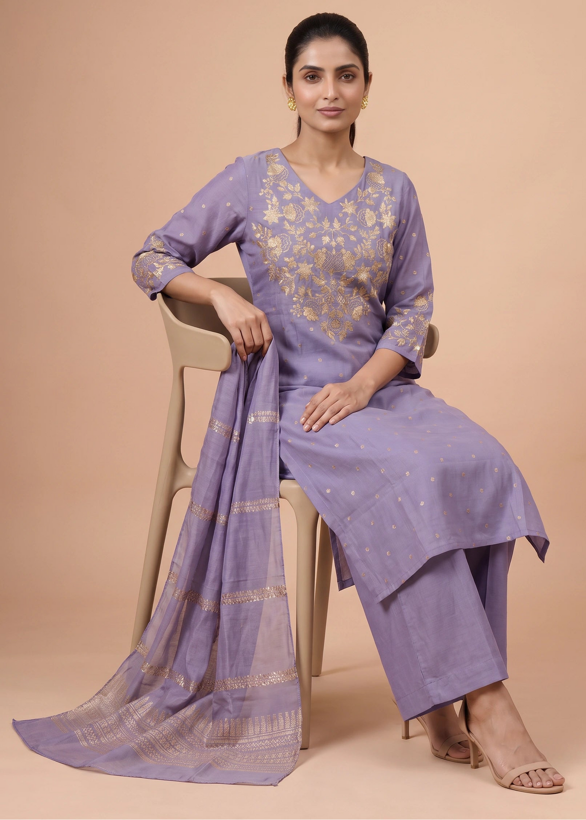 Women Light Purple Chanderi Embroidered A-Line Ethnic Suit Set