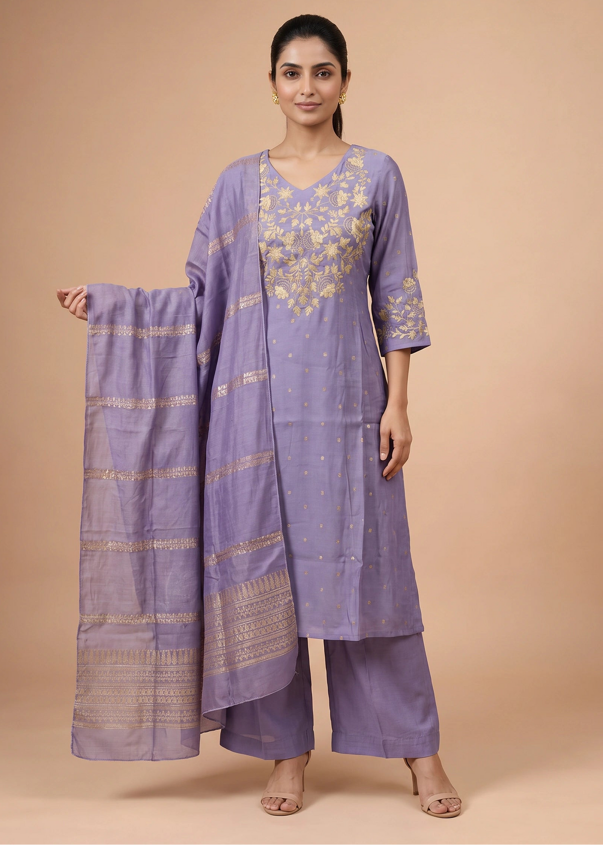 Women Light Purple Chanderi Embroidered A-Line Ethnic Suit Set