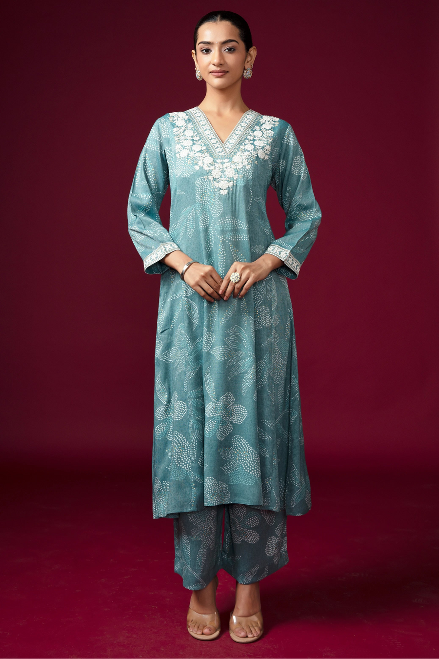 Women Light Sea Green Embroidered Straight-Fit Co-ord Set