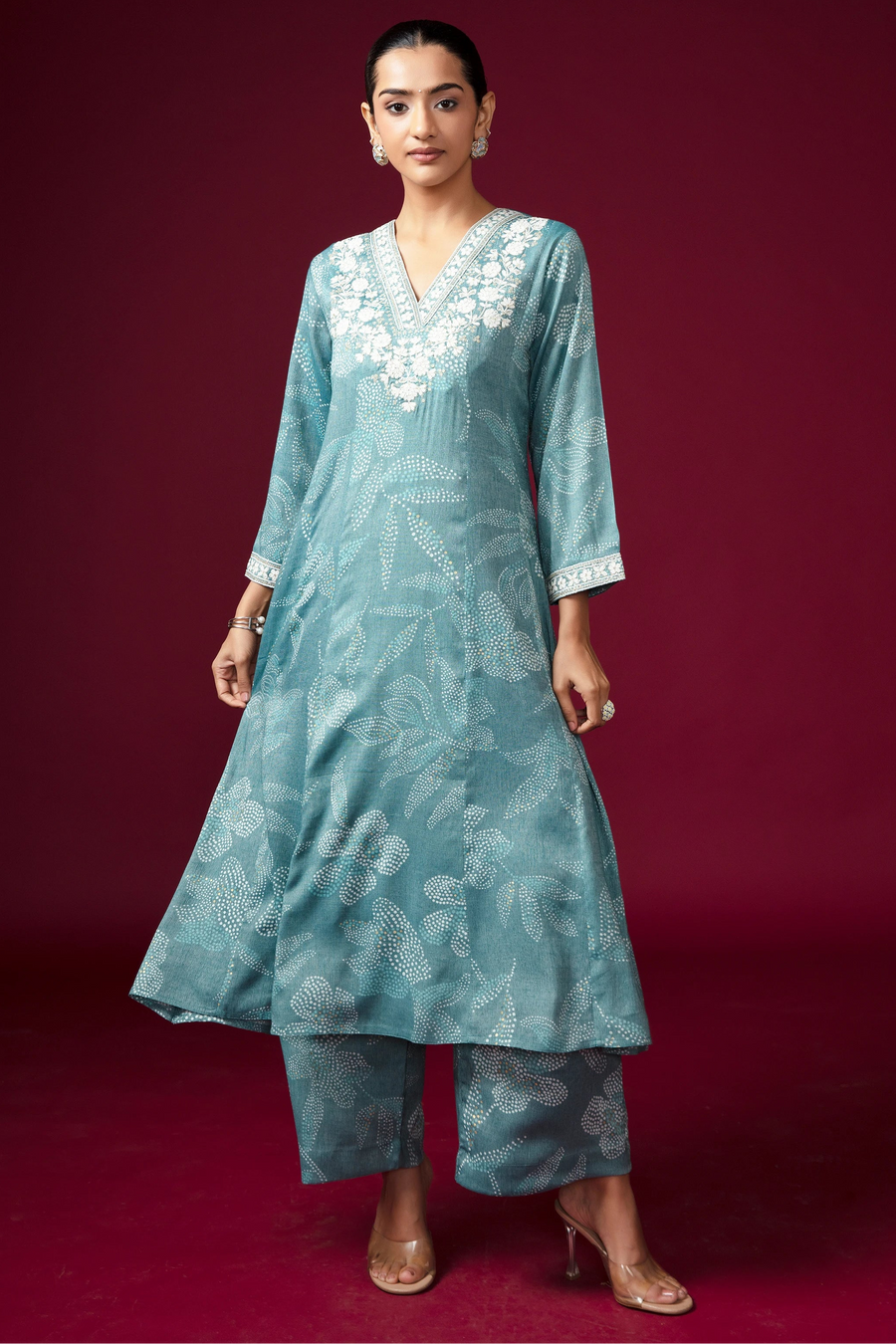 Women Light Sea Green Embroidered Straight-Fit Co-ord Set