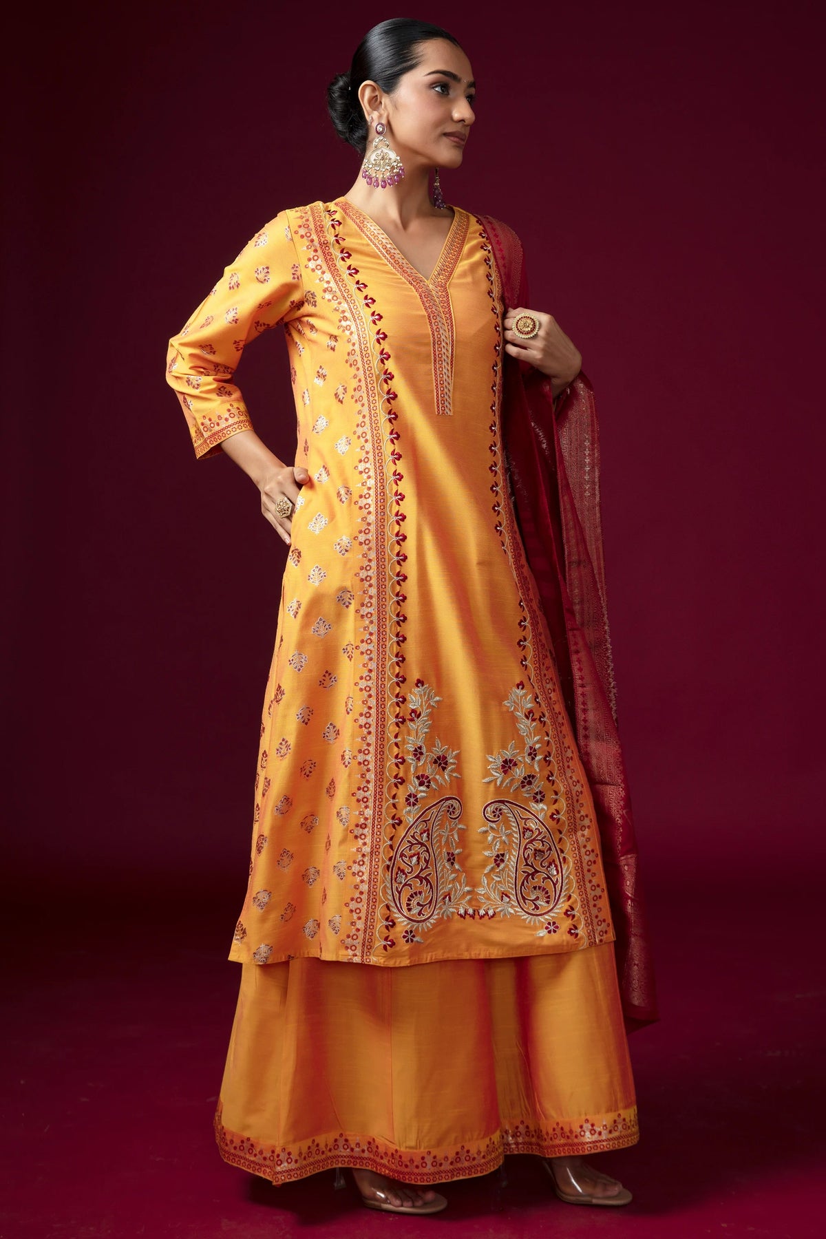 Women Mustard Cotton Embroidered Straight Fit Ethnic Suit Set