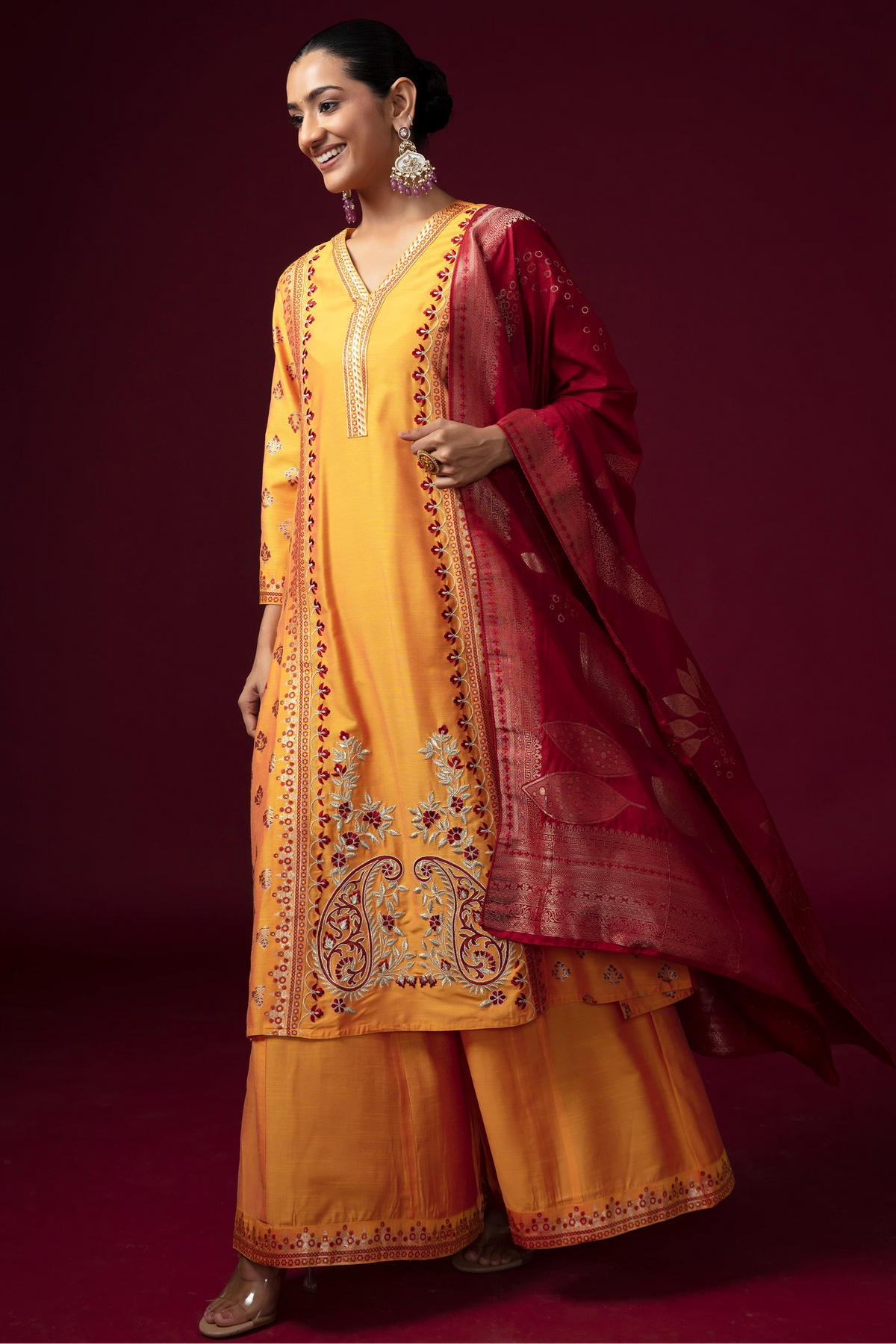Women Mustard Cotton Embroidered Straight Fit Ethnic Suit Set