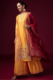 Women Mustard Cotton Embroidered Straight Fit Ethnic Suit Set